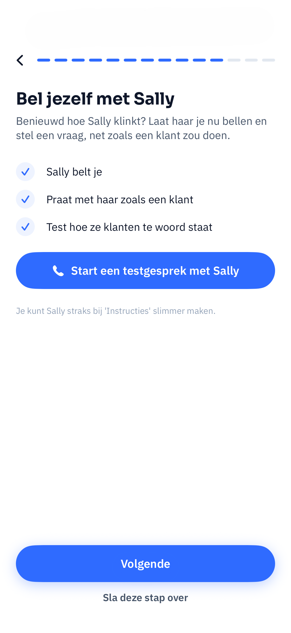 Scherm waarin je een testgesprek met Sally start
