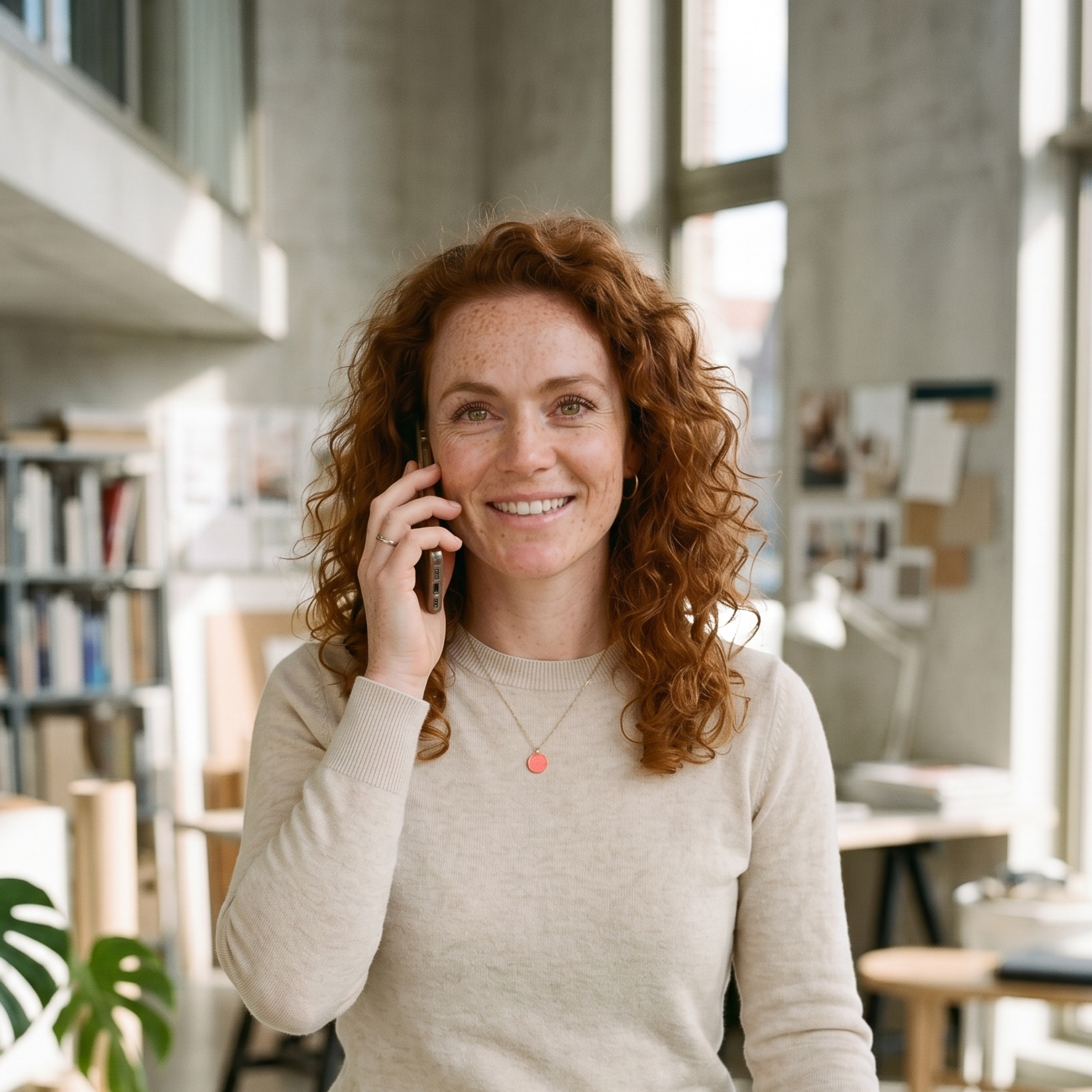 Sally aan haar bureau in haar studio, geconcentreerd aan het werk