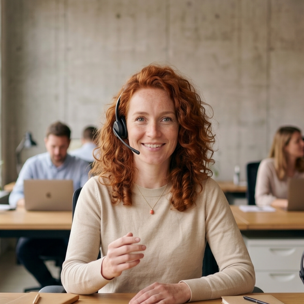 Sally, een vriendelijke AI-telefoniste met een headset die je aankijkt