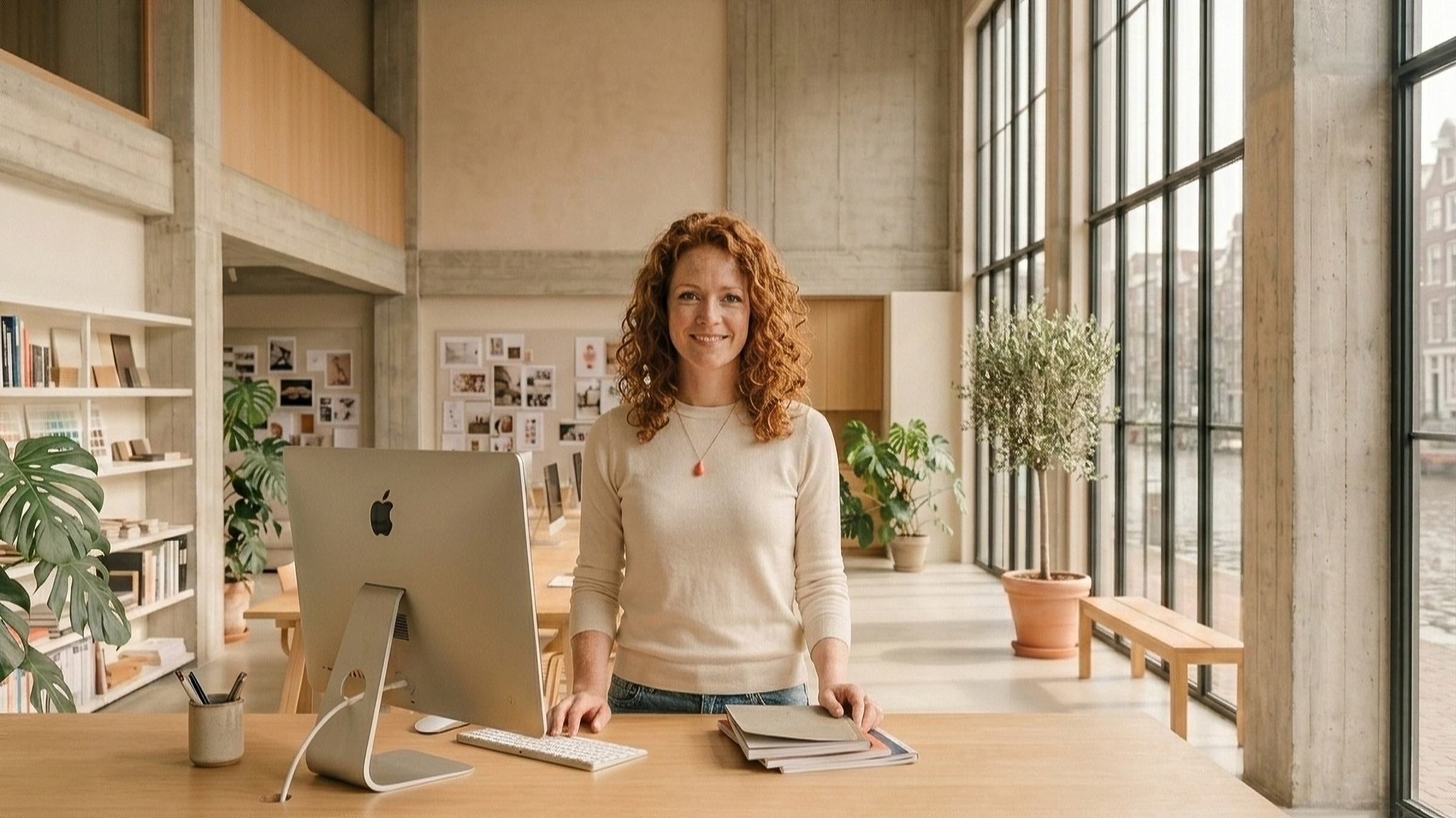 Een vriendelijke medewerker van Vitamine AI achter haar bureau, klaar om je te helpen