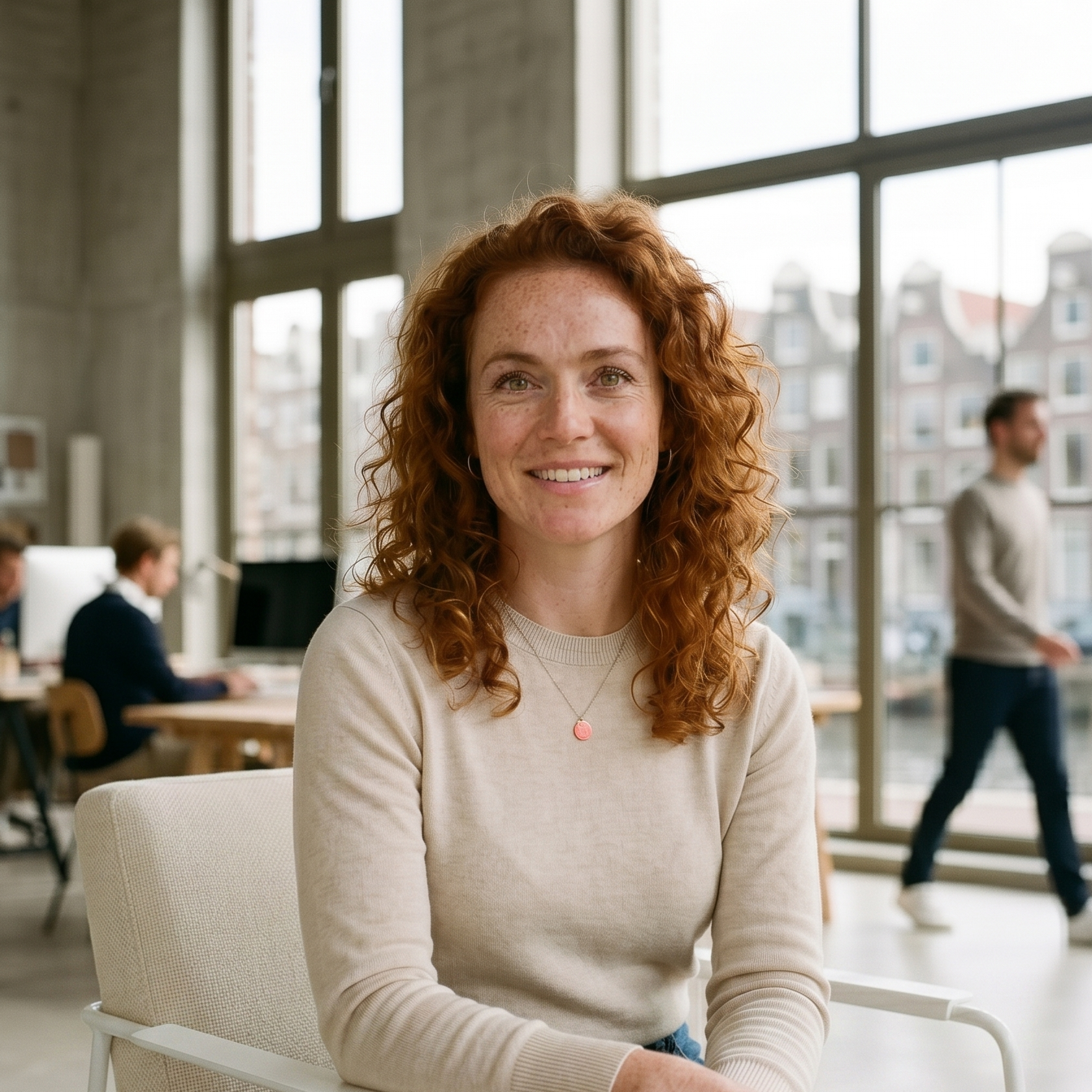 Sally, een vriendelijke AI-telefoniste met een headset die je aankijkt